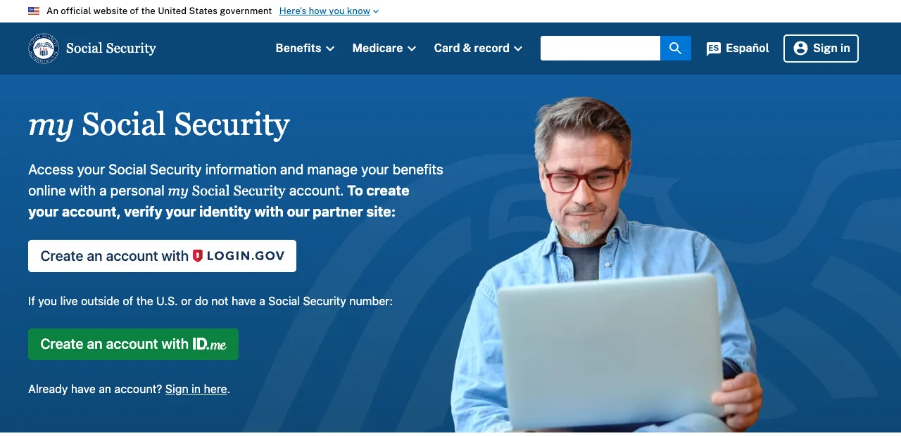 my Social Security sign-up page with Login.gov and ID.me buttons